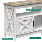Meuble TV de style campagnard pour téléviseur jusqu'à 65 pouces avec portes et étagères ouvertes, console multimédia et prise électrique.
