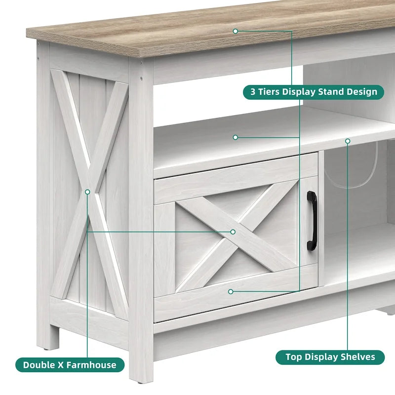 Meuble TV de style campagnard pour téléviseur jusqu'à 65 pouces avec portes et étagères ouvertes, console multimédia et prise électrique.