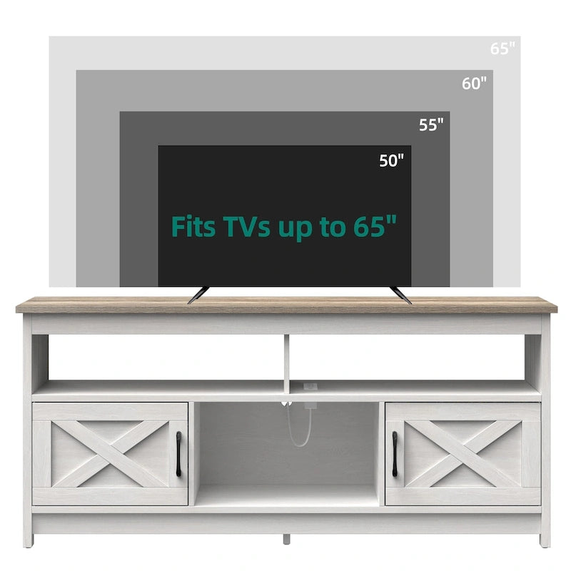 Meuble TV de style campagnard pour téléviseur jusqu'à 65 pouces avec portes et étagères ouvertes, console multimédia et prise électrique.