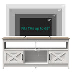 Meuble TV de style campagnard pour téléviseur jusqu'à 65 pouces avec portes et étagères ouvertes, console multimédia et prise électrique.