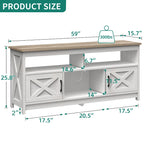 Meuble TV de style campagnard pour téléviseur jusqu'à 65 pouces avec portes et étagères ouvertes, console multimédia et prise électrique.
