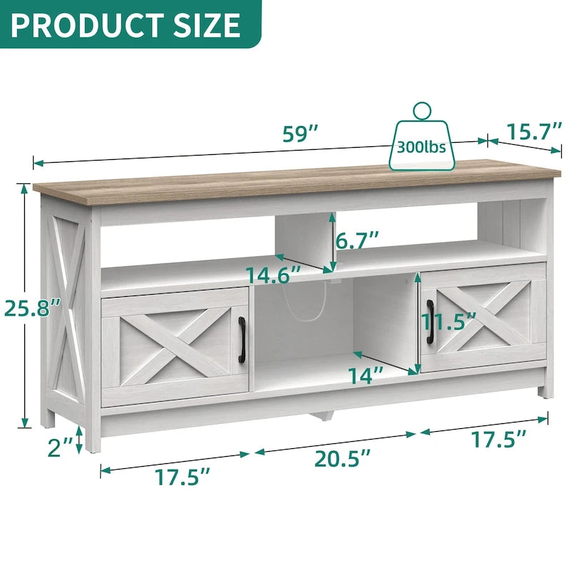 Meuble TV de style campagnard pour téléviseur jusqu'à 65 pouces avec portes et étagères ouvertes, console multimédia et prise électrique.