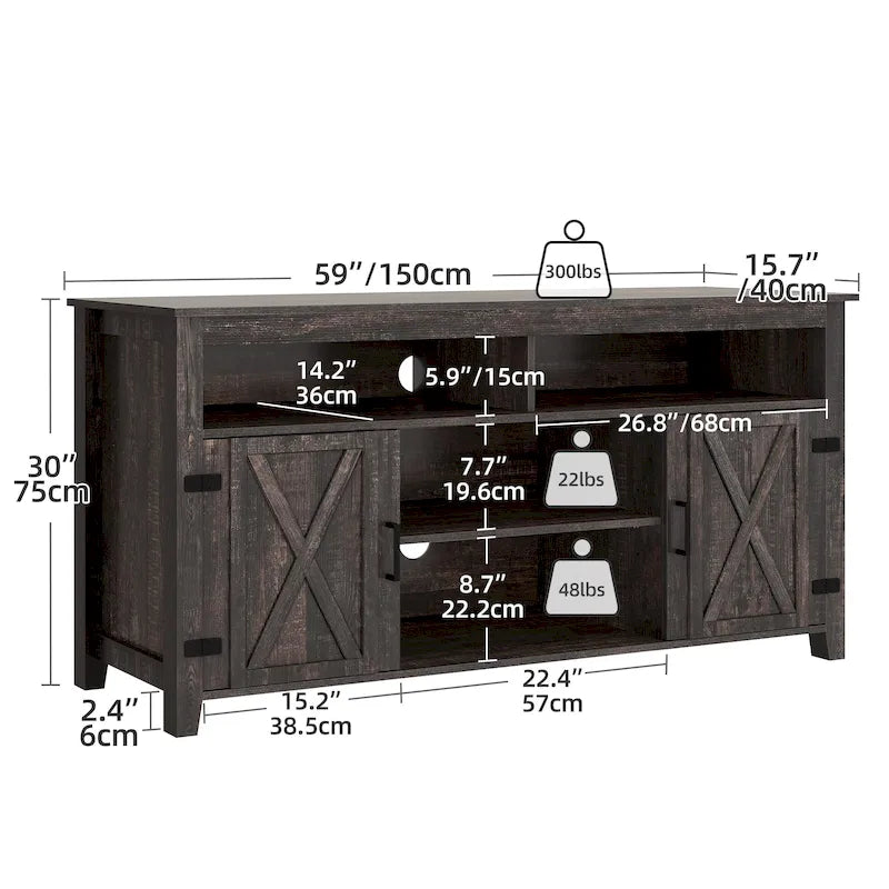 Meuble TV de style campagnard pour téléviseur jusqu'à 65 pouces avec portes et étagères ouvertes, console multimédia et prise électrique.