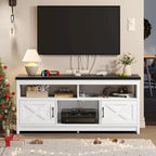 Meuble TV de style campagnard pour téléviseur jusqu'à 65 pouces avec portes et étagères ouvertes, console multimédia et prise électrique.
