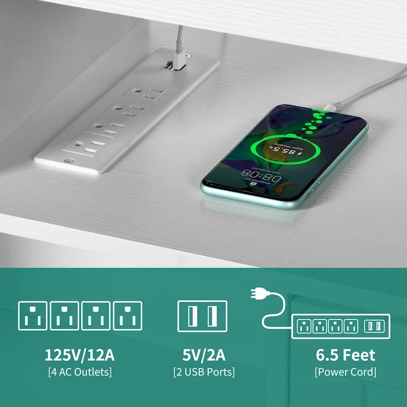 Meuble TV de style campagnard pour téléviseur jusqu'à 65 pouces avec portes et étagères ouvertes, console multimédia et prise électrique.