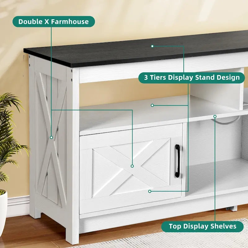 Meuble TV de style campagnard pour téléviseur jusqu'à 65 pouces avec portes et étagères ouvertes, console multimédia et prise électrique.