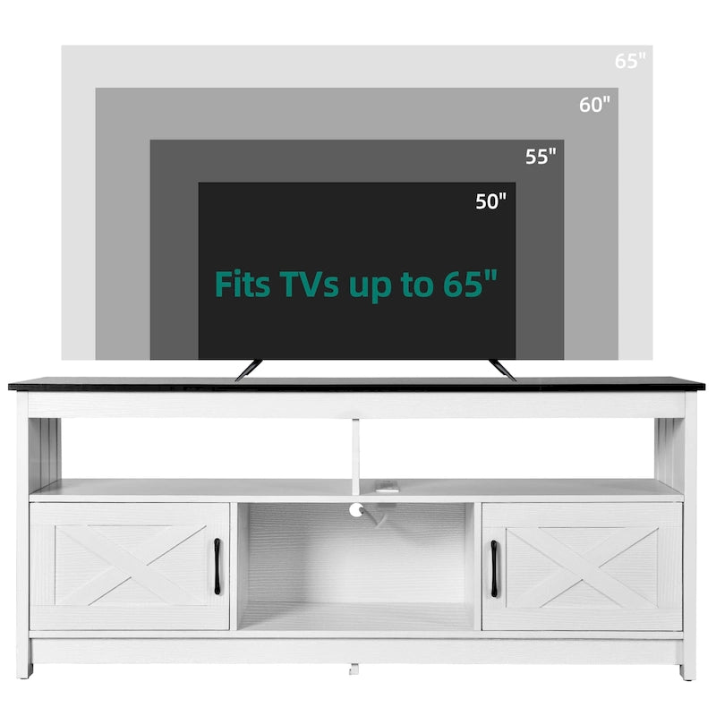 Meuble TV de style campagnard pour téléviseur jusqu'à 65 pouces avec portes et étagères ouvertes, console multimédia et prise électrique.