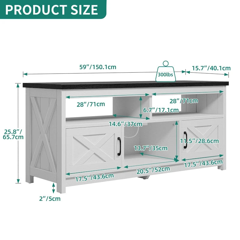 Meuble TV de style campagnard pour téléviseur jusqu'à 65 pouces avec portes et étagères ouvertes, console multimédia et prise électrique.