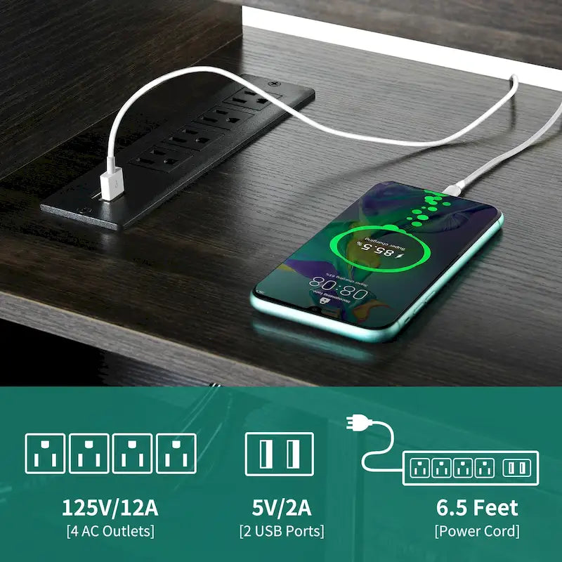 Meuble TV de style campagnard pour téléviseur jusqu'à 65 pouces avec portes et étagères ouvertes, console multimédia et prise électrique.