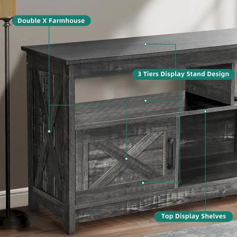 Meuble TV de style campagnard pour téléviseur jusqu'à 65 pouces avec portes et étagères ouvertes, console multimédia et prise électrique.