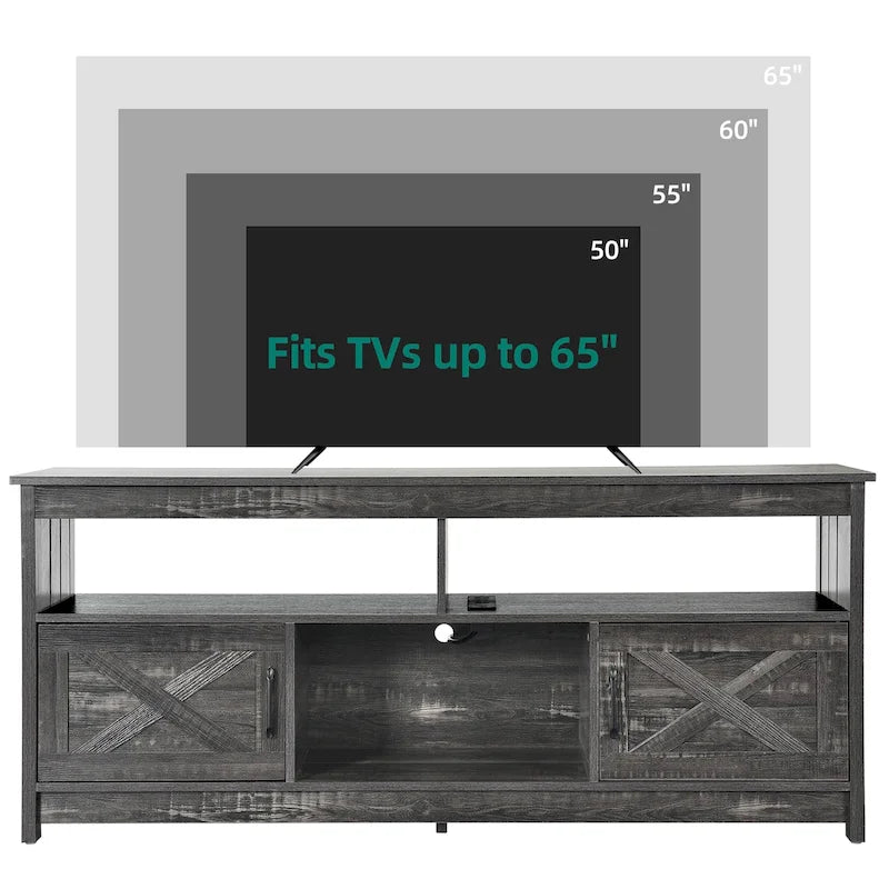 Meuble TV de style campagnard pour téléviseur jusqu'à 65 pouces avec portes et étagères ouvertes, console multimédia et prise électrique.