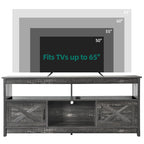Meuble TV de style campagnard pour téléviseur jusqu'à 65 pouces avec portes et étagères ouvertes, console multimédia et prise électrique.