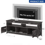 Meuble TV de style campagnard pour téléviseur jusqu'à 65 pouces avec portes et étagères ouvertes, console multimédia et prise électrique.