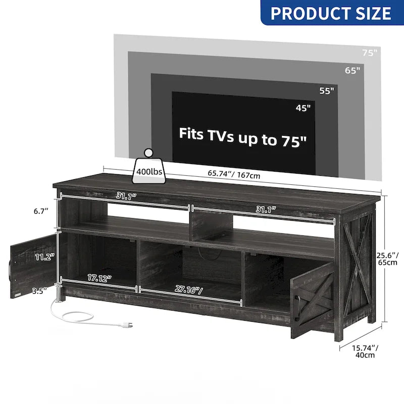 Meuble TV de style campagnard pour téléviseur jusqu'à 65 pouces avec portes et étagères ouvertes, console multimédia et prise électrique.