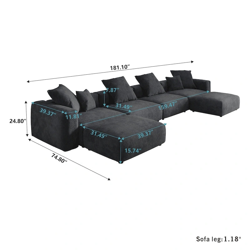 Canapé d'angle modulable convertible en forme de U de 181 pouces avec 2 poufs
