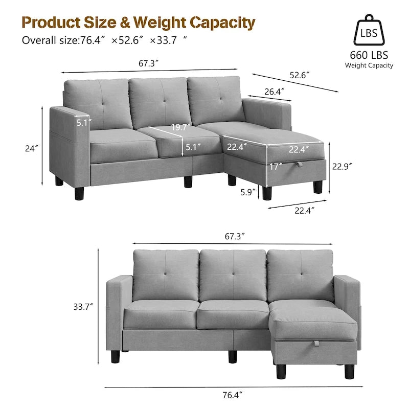 Canapé d'angle convertible Futzca moderne en forme de L avec méridienne réversible