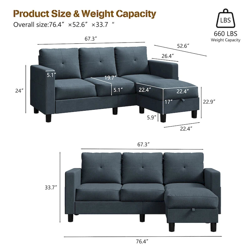 Canapé d'angle convertible Futzca moderne en forme de L avec méridienne réversible