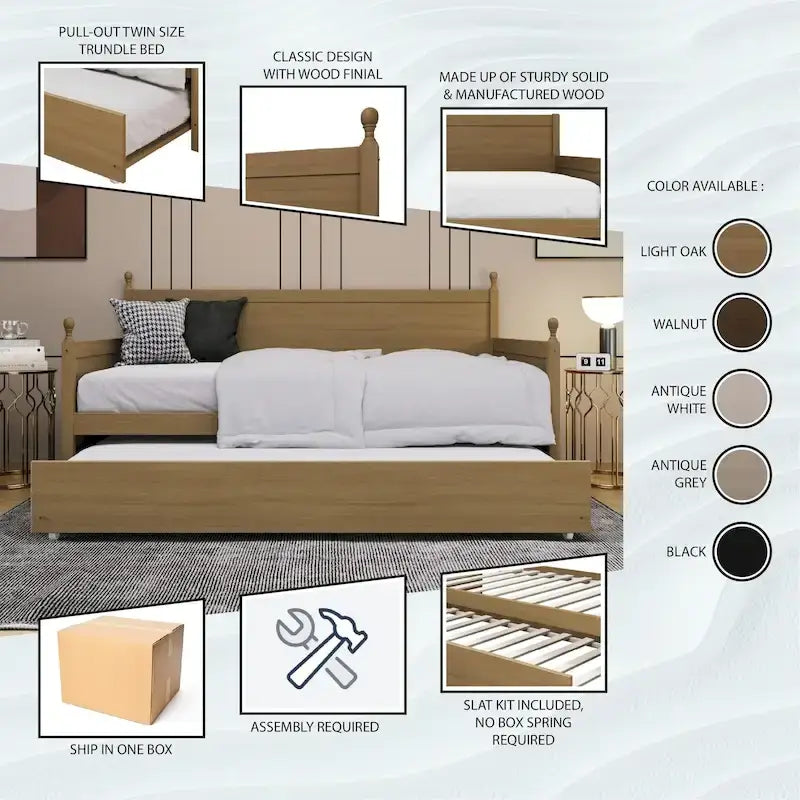 Lit de jour double en bois de style moderne du milieu du siècle avec lit gigogne CraftPorch