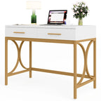 Bureau d'ordinateur moderne avec 2 tiroirs, blanc et or, table de maquillage