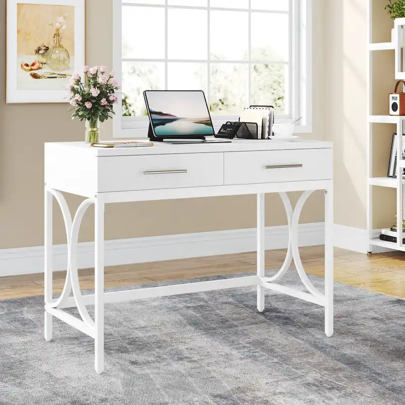 Bureau d'ordinateur moderne avec 2 tiroirs, blanc et or, table de maquillage