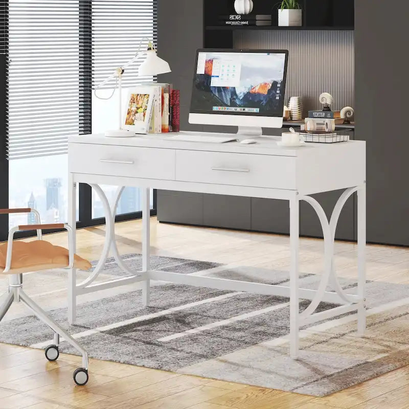 Bureau d'ordinateur moderne avec 2 tiroirs, blanc et or, table de maquillage