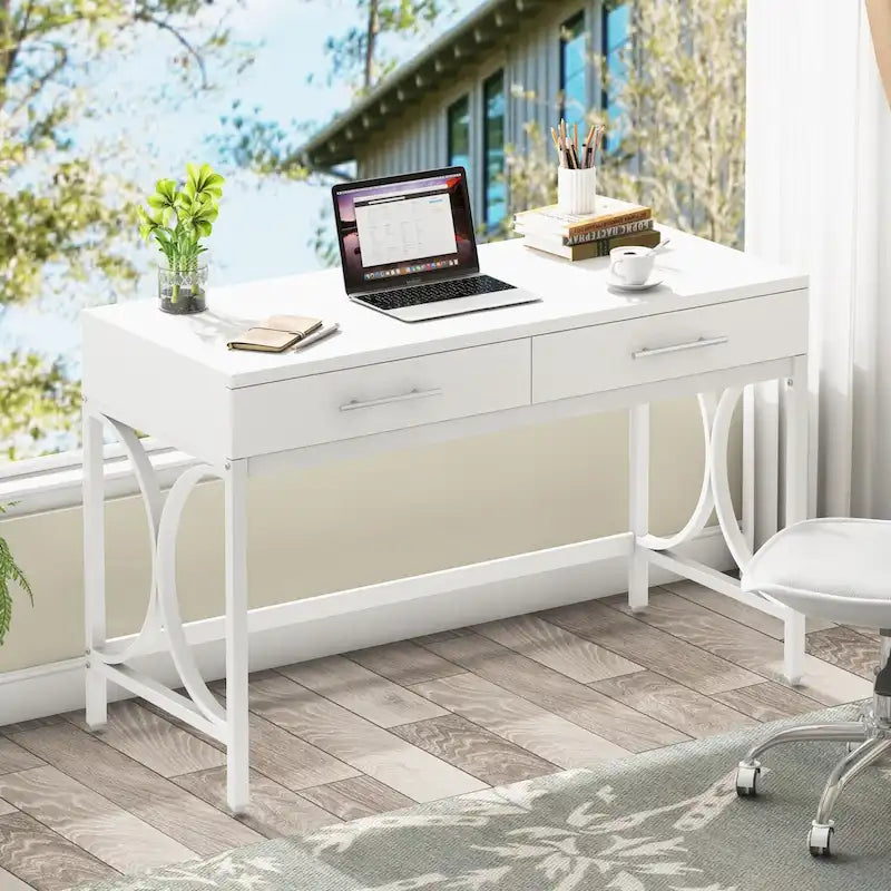 Bureau d'ordinateur moderne avec 2 tiroirs, blanc et or, table de maquillage