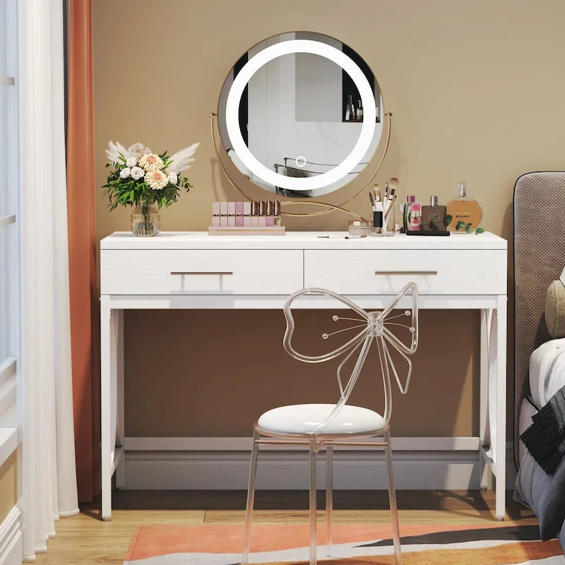 Bureau d'ordinateur moderne avec 2 tiroirs, blanc et or, table de maquillage