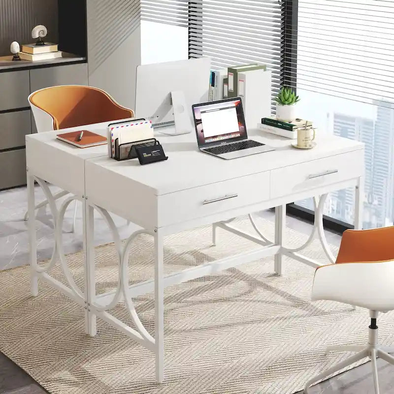 Bureau d'ordinateur moderne avec 2 tiroirs, blanc et or, table de maquillage