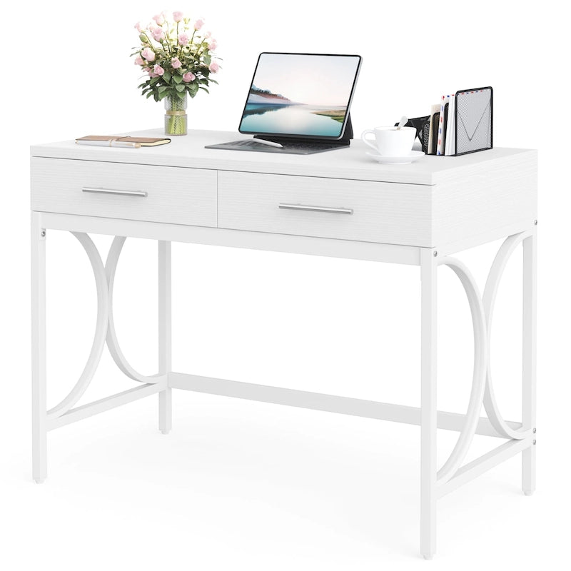Bureau d'ordinateur moderne avec 2 tiroirs, blanc et or, table de maquillage