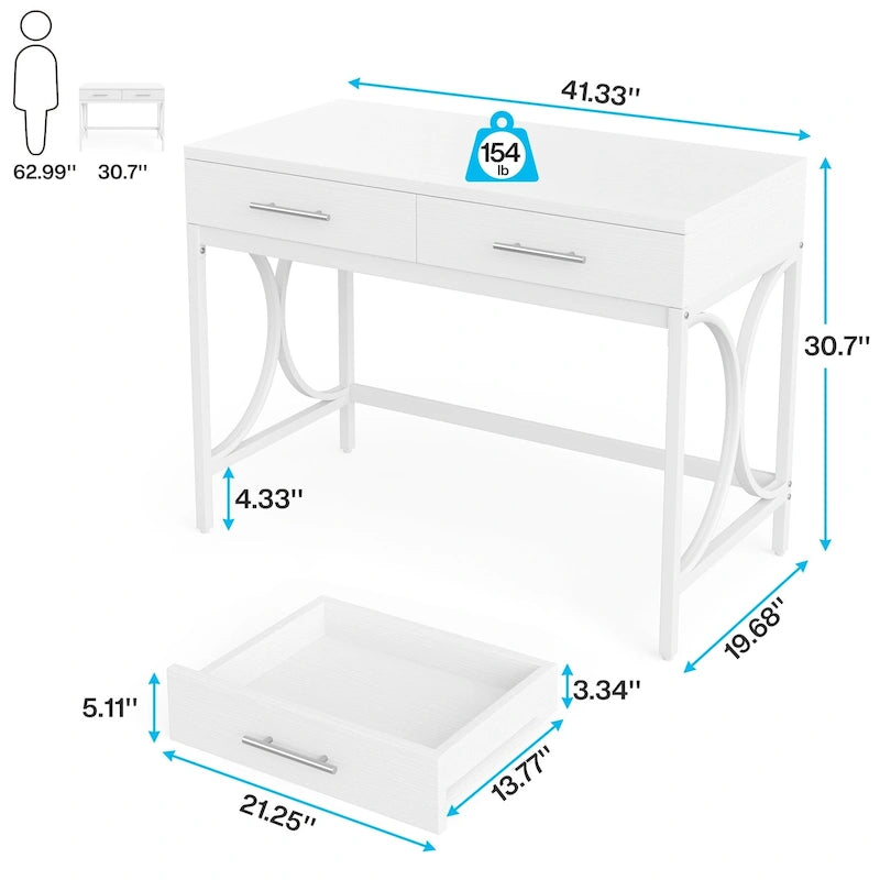 Bureau d'ordinateur moderne avec 2 tiroirs, blanc et or, table de maquillage