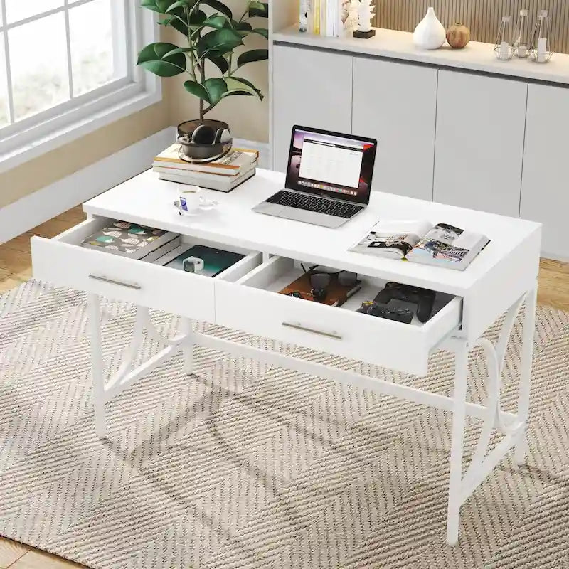 Bureau d'ordinateur moderne avec 2 tiroirs, blanc et or, table de maquillage