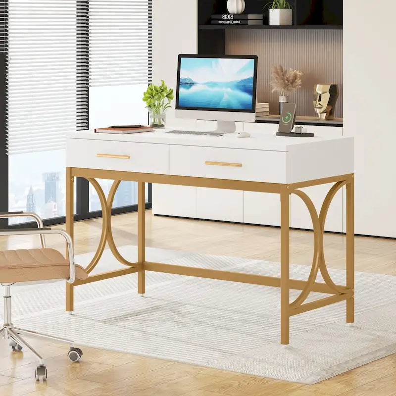 Bureau d'ordinateur moderne avec 2 tiroirs, blanc et or, table de maquillage