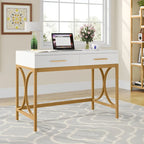 Bureau d'ordinateur moderne avec 2 tiroirs, blanc et or, table de maquillage