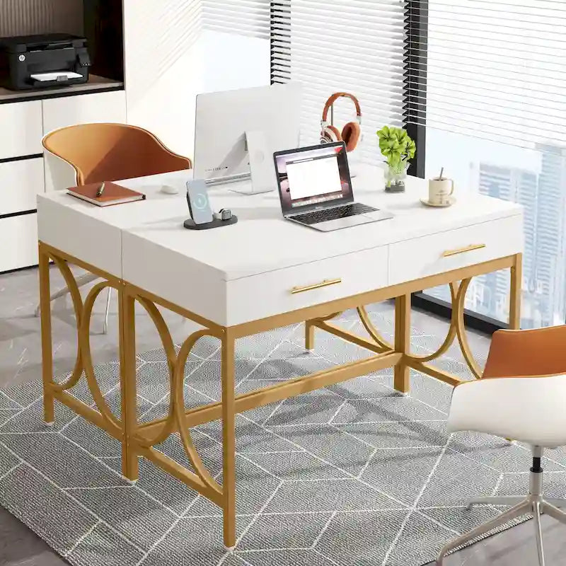 Bureau d'ordinateur moderne avec 2 tiroirs, blanc et or, table de maquillage