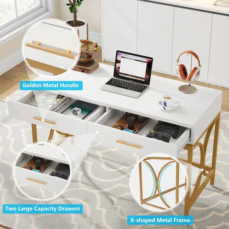 Bureau d'ordinateur moderne avec 2 tiroirs, blanc et or, table de maquillage