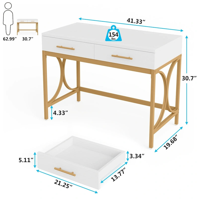 Bureau d'ordinateur moderne avec 2 tiroirs, blanc et or, table de maquillage