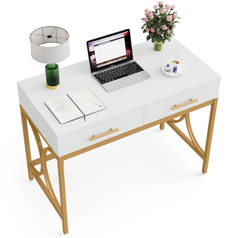 Bureau d'ordinateur moderne avec 2 tiroirs, blanc et or, table de maquillage