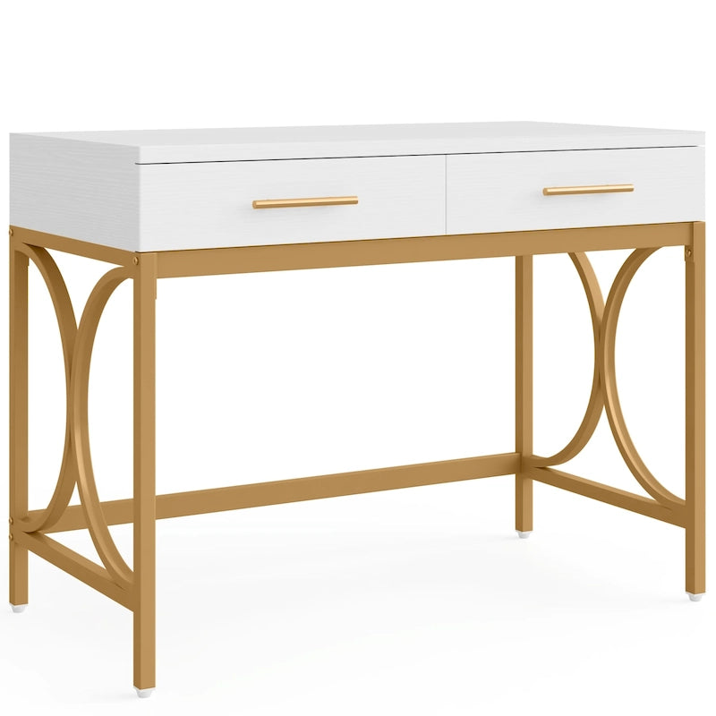 Bureau d'ordinateur moderne avec 2 tiroirs, blanc et or, table de maquillage