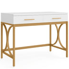 Bureau d'ordinateur moderne avec 2 tiroirs, blanc et or, table de maquillage