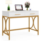 Bureau d'ordinateur moderne avec 2 tiroirs, blanc et or, table de maquillage