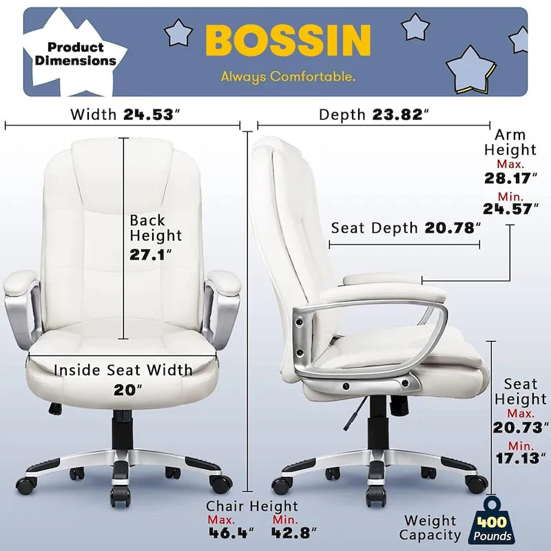 Fauteuil de bureau Bossin pour grandes tailles, dossier haut, fauteuil de direction ergonomique réglable en cuir, capacité 181 kg (400 lbs)