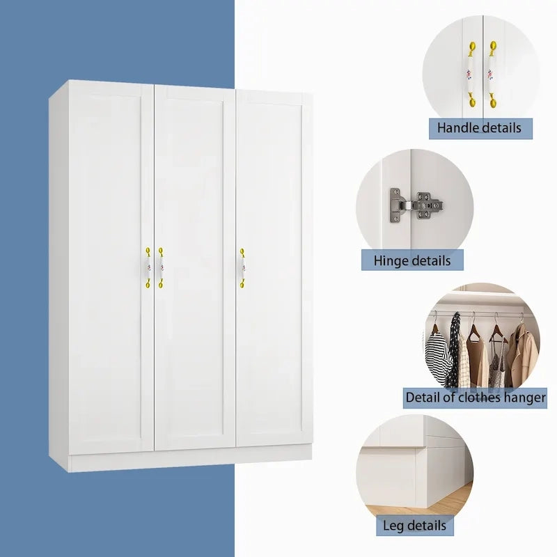 Armoire-penderie avec étagères, tringle à vêtements, portes et rangements.