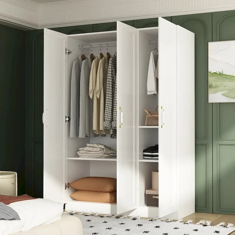 Armoire-penderie avec étagères, tringle à vêtements, portes et rangements.