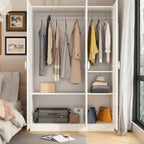 Armoire-penderie avec étagères, tringle à vêtements, portes et rangements.
