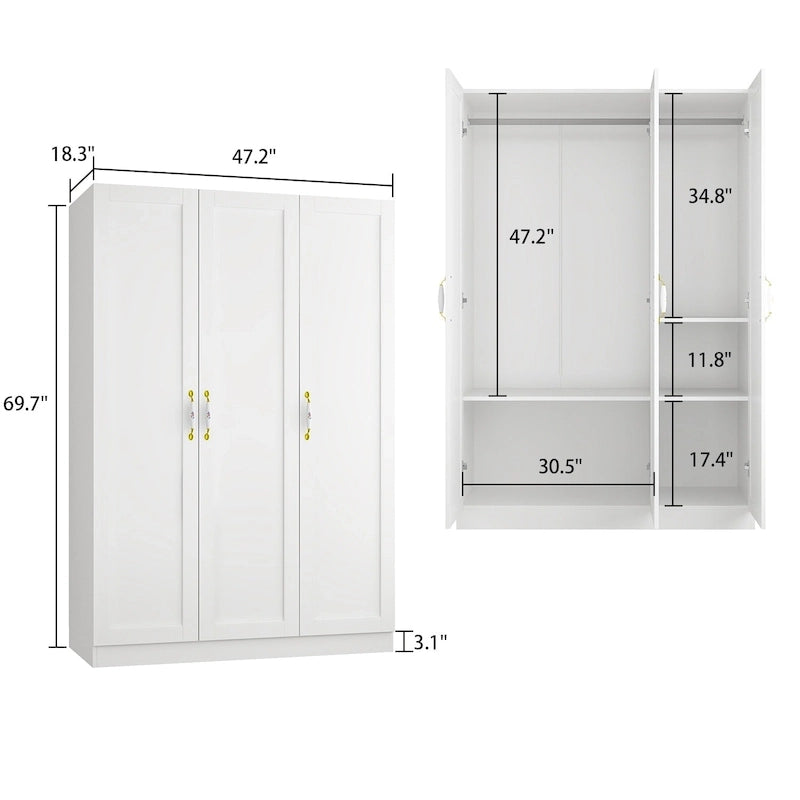 Armoire-penderie avec étagères, tringle à vêtements, portes et rangements.