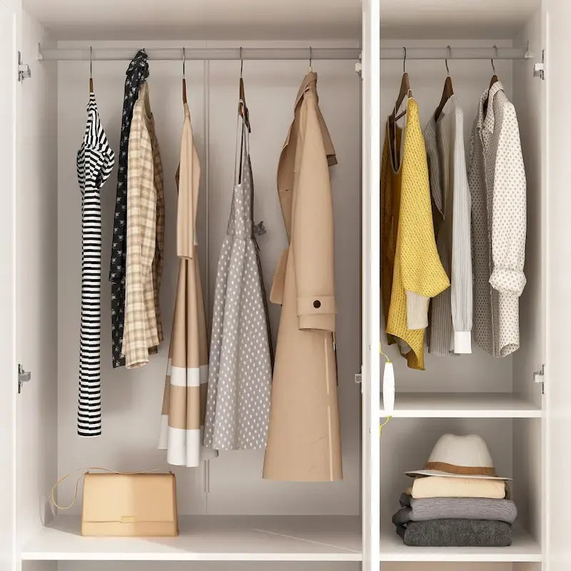 Armoire-penderie avec étagères, tringle à vêtements, portes et rangements.
