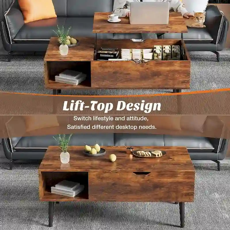 Tables basses relevables pour salon, petites tables de salle à manger en bois avec étagère de rangement et compartiment caché
