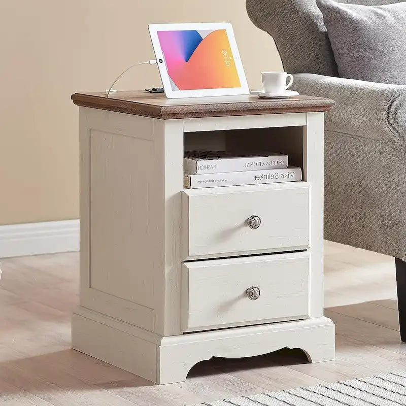 Table de chevet vintage en bois avec station de recharge, table d'appoint, table de chevet