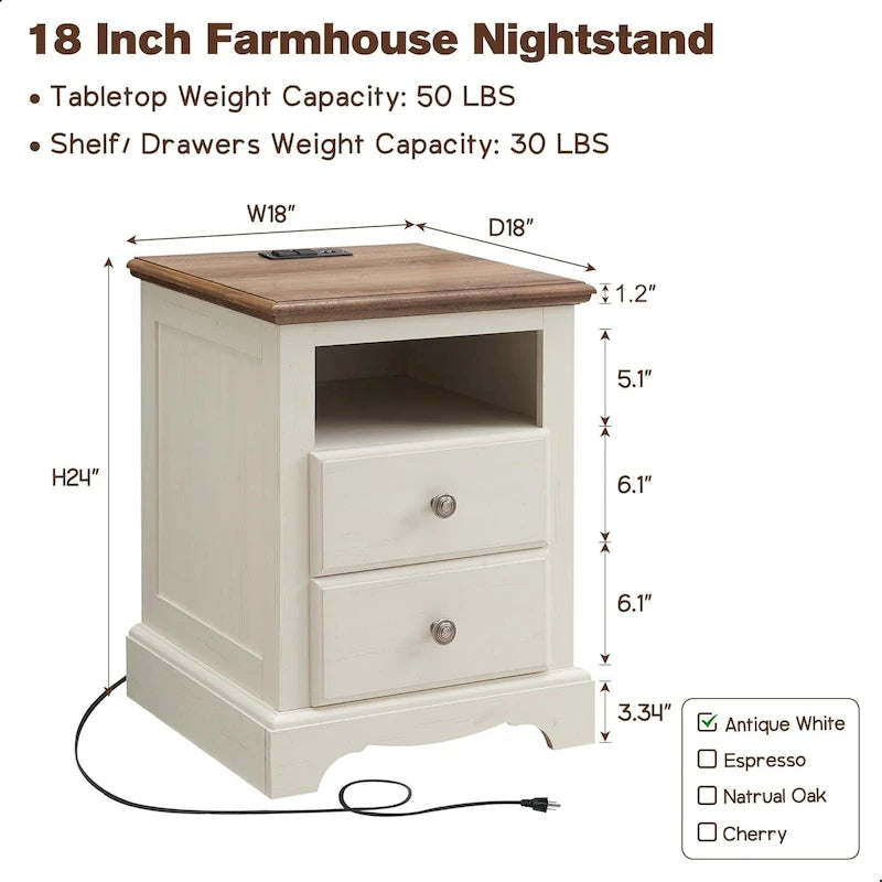 Table de chevet vintage en bois avec station de recharge, table d'appoint, table de chevet