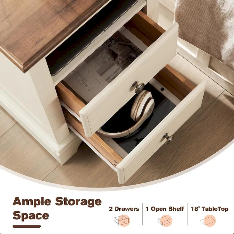 Table de chevet vintage en bois avec station de recharge, table d'appoint, table de chevet